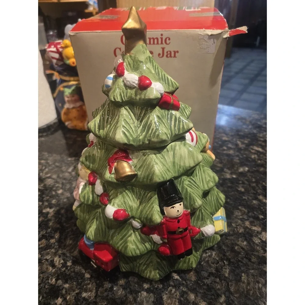 Christmas Tree Cookie Jar‎ Village Earthenware Musical Lid!! Works!!!